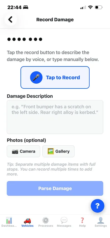 Voice damage capture screen — tap to record and AI parses the damage description with photos