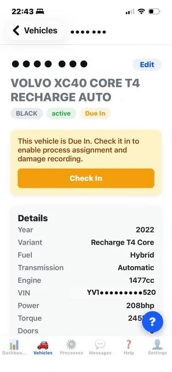 Vehicle detail screen with full DVLA specs and one-tap check-in