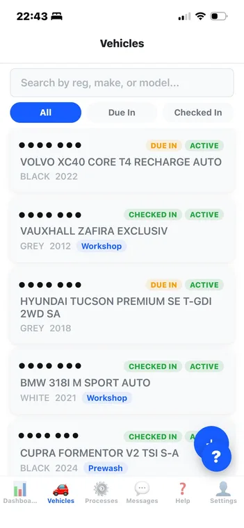 Vehicle list with due-in and checked-in status badges and search by reg, make or model