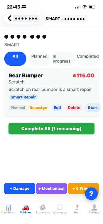 Recorded damage costed at £115 with repair method, status and process routing